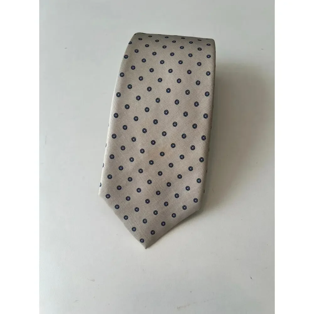 Allen Jolly Silk Men's Neck Tie Made in England Cream Blue Polka Dots SG